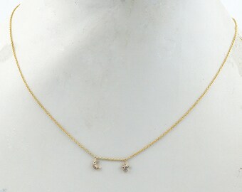 14K Gold Diamond Moon and Star Charm Necklace : Minimalist Jewelry