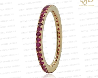 14K goudroze robijnrode Eternity-bandring: sierlijke stapelring, cadeau voor haar