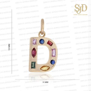 Solid 14K Gold Initial D Charm, Multi Sapphire Letter Pendant, Handmade Pendant, Solid Gold Initial Charm, Tiny Letter Charm, Gift Jewelry