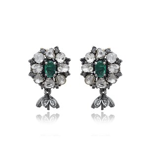 Polki Diamant Smaragd Ohrringe, 925 Sterling Silber oxidierte Ohrringe, Smaragd Edelstein Ohrringe, Hochzeitsschmuck, Pave Diamant Ohrringe