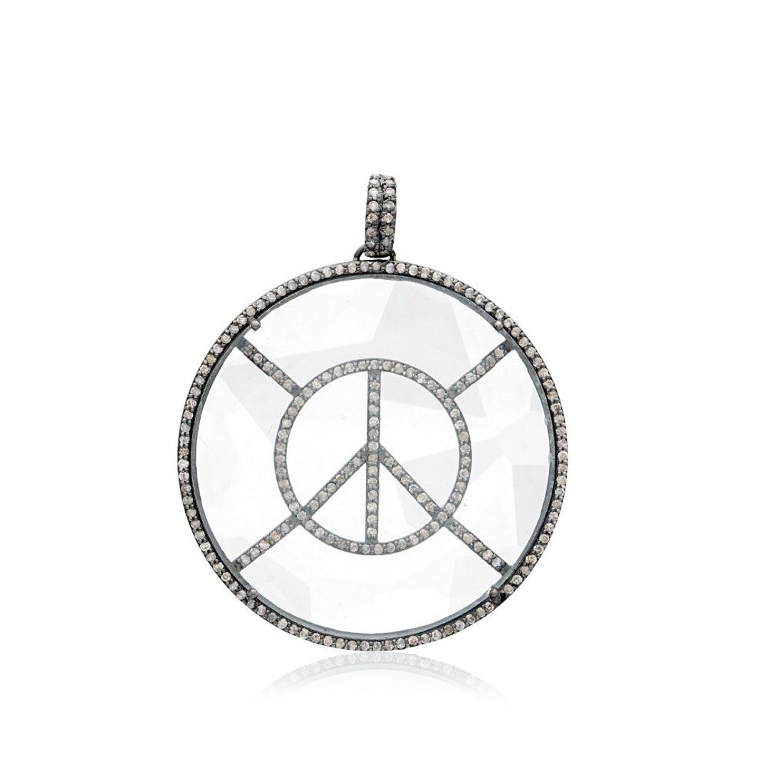 Pave Diamond Peace Pendant, 925 Silver Peace Sign Round Pendant ...