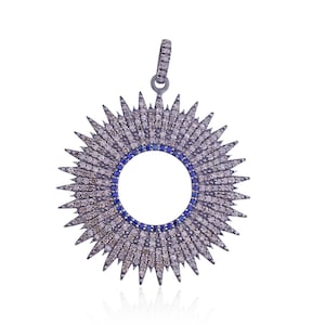 Pave Diamond Sunburst Pendant Necklace, Blue Sapphire Sunburst Pendant, 925 Sterling Silver Sunburst Pendant, Beautiful Sun Pendant, Gifts