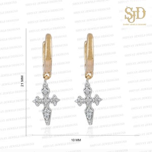 14K Yellow Gold Cross Huggie Earring, Natural Diamond Dangling Cross Hoop Earring, Unisex Earring, Diamond Cross Hoop Earring, Gift For Her