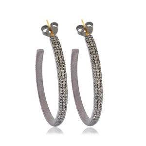 Pave Diamond Hoop Earrings, 925 Sterling Silver Hoop Earring, Half Hoops Earring, Silver Oxidized Earring, Best Gift For Her, Birthday Gifts