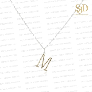 Collar con colgante inicial de plata de ley 925, colgante con dije de letra M de diamante natural, dije de regalo con diamantes pavimentados, delicado collar de cadena de 18 pulgadas
