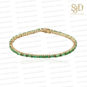Natural Emerald Tennis Bracelet, Solid 14K Gold Tennis Bracelet, Baguette Cut Green Emerald Jewelry, Stacking Bracelet, May Birthstone, Gift