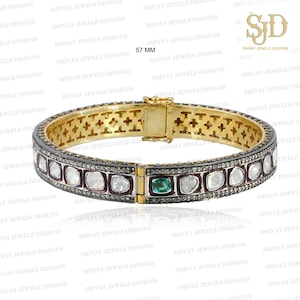Rose Cut Polki Diamond & Emerald Bangle, 925 Silver Gold Plated Bangle, Handmade Bangle, Victorian Bangle, Gift For Her, Statement Jewelry