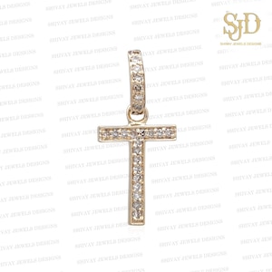 Encanto inicial T de oro amarillo sólido de 14K, colgante de letra de diamante de pavé blanco natural, encanto T delicado, encanto inicial personalizado (A - Z), joyería
