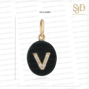 Colgante con inicial V de oro amarillo macizo de 14 quilates, colgante con piedra preciosa de ónix, dije con inicial de diamante blanco natural, delicado dije con letra, joyería de regalo