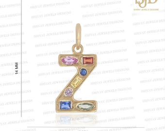 14Kイエローゴールド イニシャルZペンダント：マルチサファイアレターチャーム、パーソナライズジュエリー