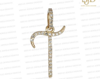 Colgante con inicial T de oro de 14 quilates y diamantes: dije con letra cursiva, joyería fina personalizada.