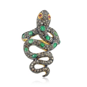 925 Sterling Silver Snake Ring, Pave Diamond Snake Ring, Emerald Gemstone Ring, Ruby Eye Ring, Open Serpent Ring, Silver Oxidized Ring, Gift