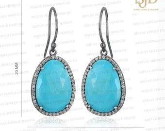 Turquoise Diamond Pave Dangle Earrings: Sterling Silver, Statement Jewelry