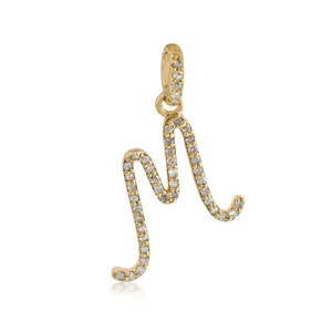 Pingente inicial M de diamante natural, pingente de letra M de ouro sólido 14K, joias de letras personalizadas (A-Z), lindo pingente de alfabeto