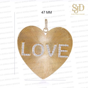 14K Solid Gold Fluted Heart Pendant, Pave Diamond Love Word Pendant, Love Initial Pendant, White Diamond Pendant, Statement Heart Jewelry