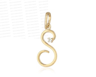 14K guld diamant S initial hänge: Elegant kursiv bokstavsberlock, personlig present till mamma