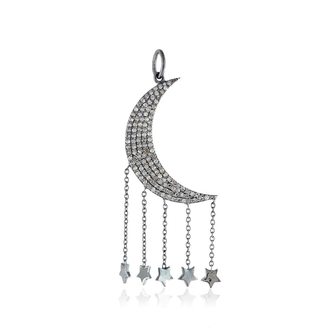 Pave Diamond Crescent Moon Pendant: 925 Sterling Silver Star Charm - Etsy