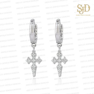 14K White Gold Cross Huggie Earring, Natural Diamond Dangling Cross Hoop Earring, Unisex Earring, Diamond Cross Hoop Earring, Gift For Her