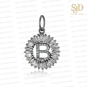 Pingente com inicial B de diamante em baguete, pingente de alfabeto em prata esterlina 925, pingente de diamante pavê, pingente unissex, joias personalizadas, presentes