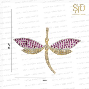 14K Solid Gold Dragonfly Pendant: Pave Diamond Pink Ruby, Sterling Silver, Statement Jewelry