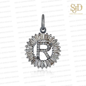 Pingente de alfabeto com diamantes em baguete, pingente inicial em prata esterlina 925, pingente com inicial R em diamante pavê, pingente inicial personalizado, joia para presente