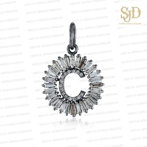 Pingente de alfabeto em prata esterlina 925, pingente com inicial C e diamante em baguete, joia com diamantes pavê, pingente de presente unissex, joia com inicial personalizada