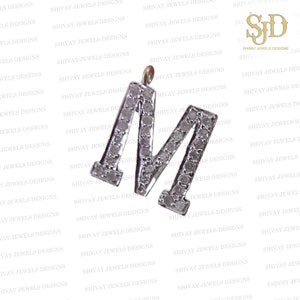 Colgante inicial de plata de ley 925, colgante de diamantes pavé naturales, colgante con dije de letra inicial M, colgante con dije delicado, regalo personalizado