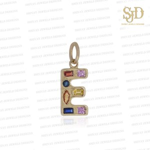 Solid 14K Gold Multi Sapphire Initial E Pendant, Gemstone Letter Pendant, Yellow Gold A - Z Initial Pendant, Christmas Gifts, Birthday Gifts