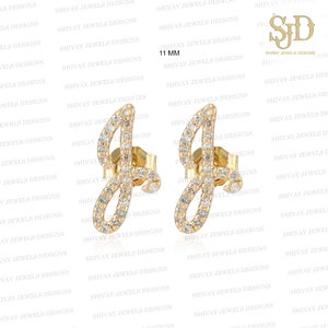 Pendiente sólido de tachuelas de oro amarillo de 14K, pendiente de tachuelas de letra inicial J de diamante pavé, tachuelas de alfabeto de diamantes de oro, tachuelas de regalo iniciales minimalistas