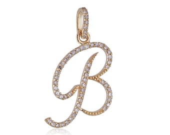 Pave Diamond Initial B Letter Pendant, Solid 14K Gold Initial Pendant, Gold Diamond Letter Pendant, Personalized Gifts, Custom Fine Jewelry