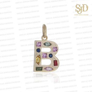 Solid 14K Gold Multi Sapphire Initial B Pendant, Gemstone Letter Pendant, A - Z Gold Initial Charm, Christmas Gifts, Birthday Gifts Jewelry