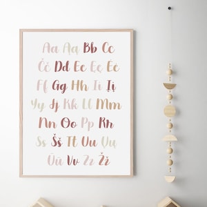 May include: A framed alphabet print in various shades of pink and brown hangs on a white wall. Below, a row of wooden house-shaped shelves sits on a star-patterned rug. Wooden blocks and toys are scattered around the shelves.