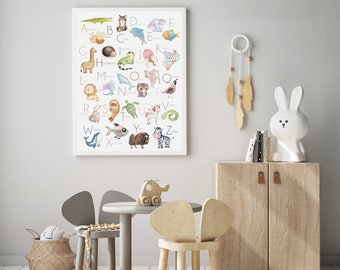 Alfabeto imprimible/Alfabeto inglés/Póster del alfabeto/Arte digital para pared/Decoración infantil/Decoración imprimible/Decoración para habitaciones de niños/Alfabeto de animales