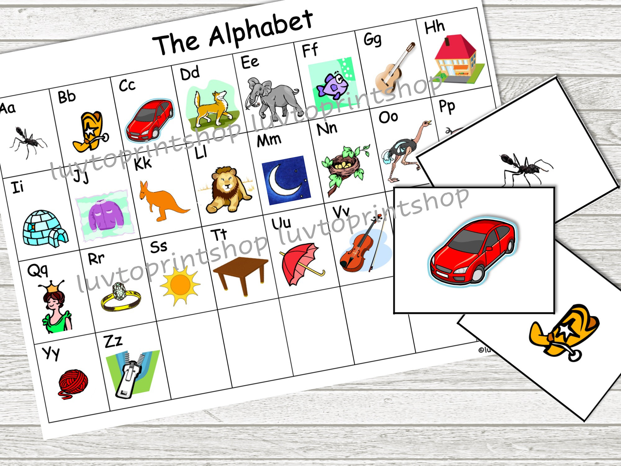 Printable Downloadable Alphabet Flash Cards With Picture and Word Cards ...