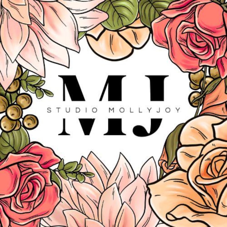 May include: A logo design featuring the black text MJ and STUDIO MOLLYJOY centered within a frame of hand-drawn flowers in shades of pink, peach, and coral, accented with green leaves and small brown berries on a white background.