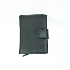 TRUVA Pop Up Trifold Slim Wallet, cuero genuino Automatic Credit Card Holder Wallet Bloqueo RFID minimalista con caja de regalo (negro)