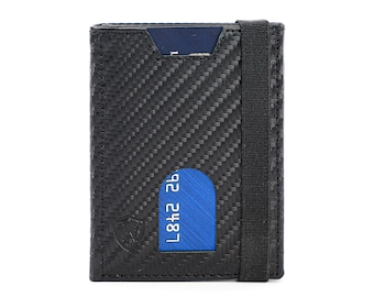 May include: Black leather wallet with a carbon fiber pattern and a blue card holder with the text "L842 2B". The wallet has a black elastic strap.