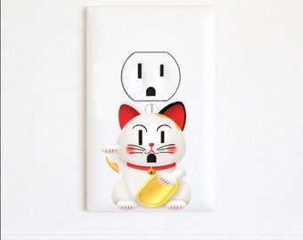 Maneki-neko - Fortune Cat Charm - Japanese - Lucky Cat - Electric Outlet Wall Art Sticker
