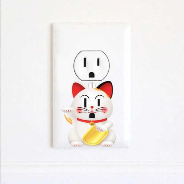 Maneki-neko - Fortune Cat Charm - Japanese - Lucky Cat - Electric Outlet Wall Art Sticker