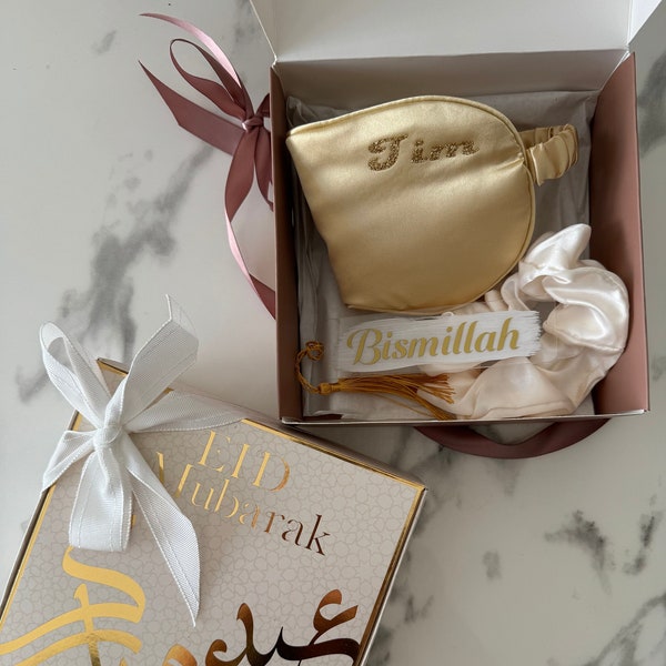 coffret cadeau personnalisé Eid petit prix masque de sommeil chouchou marque page blanc noir beige or