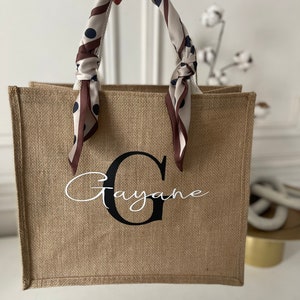 Natural jute bag with white handles personalized with initial and first name image 3