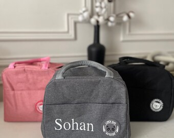 Personalized insulated bag for children pink blue gray and black