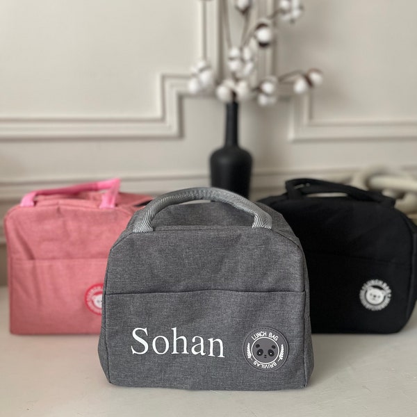 Sac isotherme personnalisé pour enfant rose bleu gris et noir