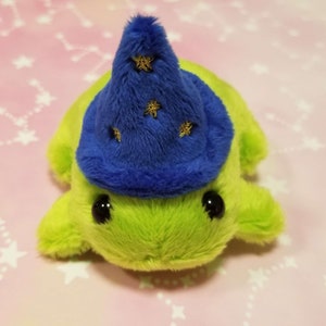 Lime Green Frog Plushie With Blue Wizard Hat