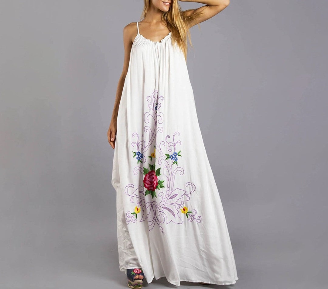 Women Embellished Boho Embroidery Long Summer Beach Purple Dresses ...