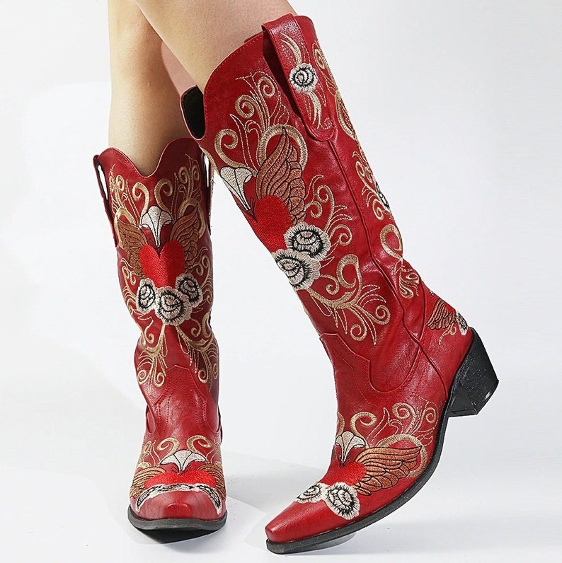 Women Handmade Embroidery Bohemian Embellished Cowboy Boots Cowgirl Boho Heart Angel Wing Embroidered Mexican Old Country Western Knee High 