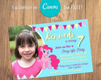 Kid Birthday Photo Invitation Template | My Little Pony Birthday 4 x 6 Photo Card | Editable Pinky Pie Birthday Invite INSTANT Download