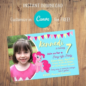 Fotoeinladung Kindergeburtstag Vorlage | My Little Pony Geburtstag 10 x 15 cm Foto-Karte Bearbeitbar Pinky Pie Geburtstag einladen INSTANT Download