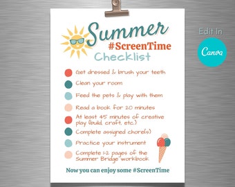 Summer Screen Time Checklist Instant Download | Edit in Canva to Personalize | Summer Activities for Kids | Rules for Screen Time Access
