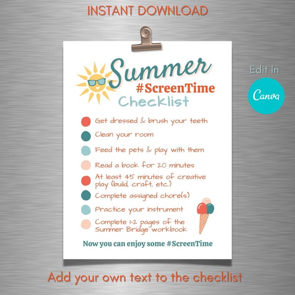 Summer Screen Time Checklist Instant Download | Edit in Canva to Personalize | Summer Activities for Kids | Rules for Screen Time Access